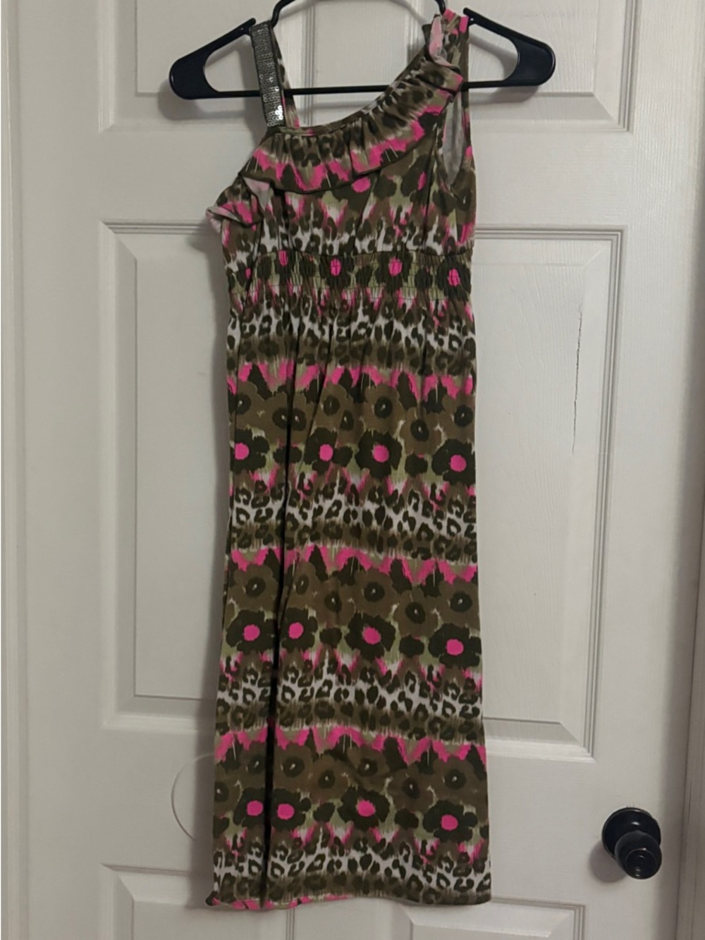 Pinky One-Shoulder Maxi Dress in Hot Pink and Olive